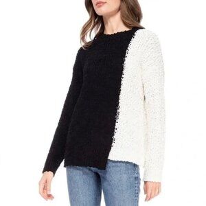 Studio B Colorblock Popcorn Mock Neck Knit Pullover Sweater Black/Cream‎ Size M